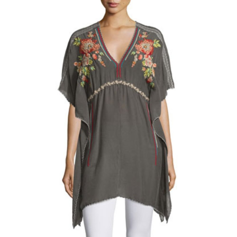 Johnny Was Cherise V-Neck Embroidered Poncho Tunic Multicolor Floral Rayon S